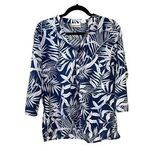 SUNBAY COTTONS Cotton Palm Tropical Print Button Front Blouse Blue White M